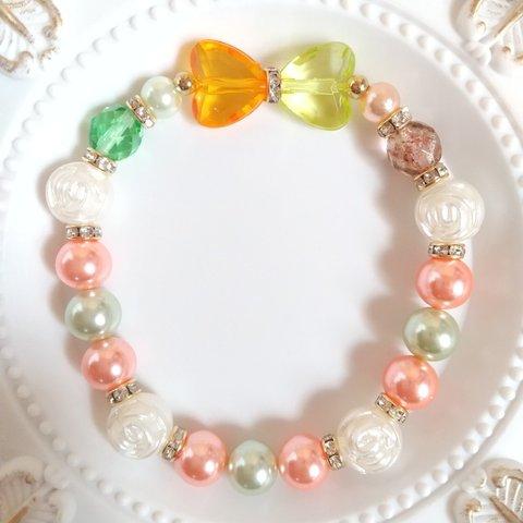 夏みかん💚🧡ハート リボン🎀パール ビーズ ブレスレット✨