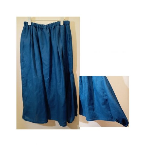 ☆【リネン100】アシメロングスカート◆ブルー◆フリーサイズ　～ロング スカート～