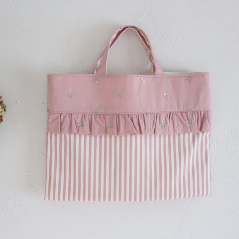 NEW！！刺繍のさくらんぼ×ストライプ(ピンク) のレッスンバッグ