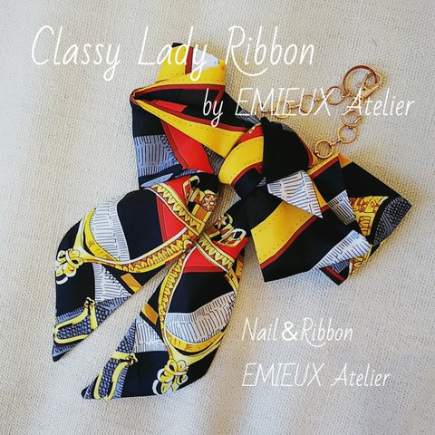 Classy Lady Ribbon ブラック系スカーフ柄リボンのバッグチャーム