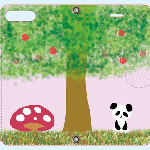パンダときのことりんごの木　ピンク　パステル　メルヘン手帳型スマホケース【受注生産】