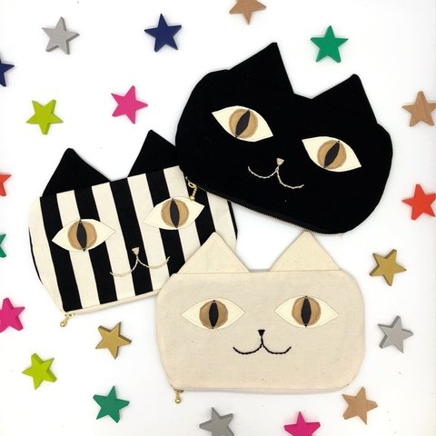 販売終了Sale 星月猫★にっこりにゃんこポーチ裏地付き　猫ポーチ３色から選べます。シロ猫クロ猫シマ猫　化粧ポーチ通帳入れなどに　