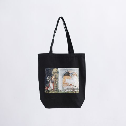  【A4対応】holy grailトートバッグ(黒)｜ウィリアム・モリスの天使の絵柄が神秘的。おでかけや通勤通学・お買い物のサブバッグにも