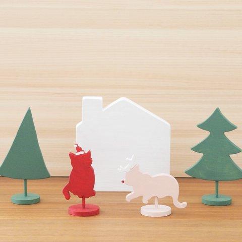 ネコサンタ＆ネコトナカイのクリスマスセット／クリスマスカラー／木製オブジェ