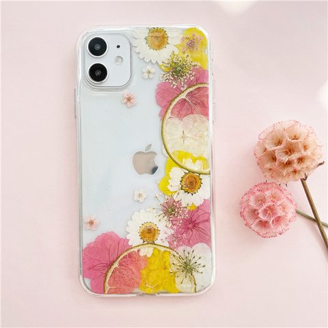 ❤レモンと桜 押し花ケース iPhone14Pro/13/SE/XPERIA10IV/GalaxyS23/AQUOS iPhoneケース スマホケース 