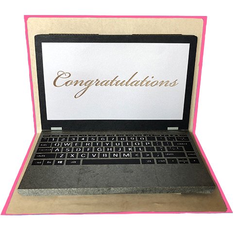 ポップアップグリーティングカード ノートパソコンに文字Congratulations　ピンク