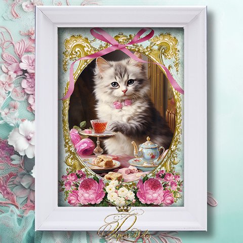 ヴィンテージ風 額付きアートプリント★子猫のティータイム★ロココ・ヴィクトリアン Victorian Cat Art Print