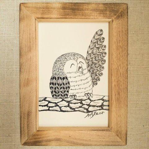 原画 ほっこりフクロウペン画 NO.18