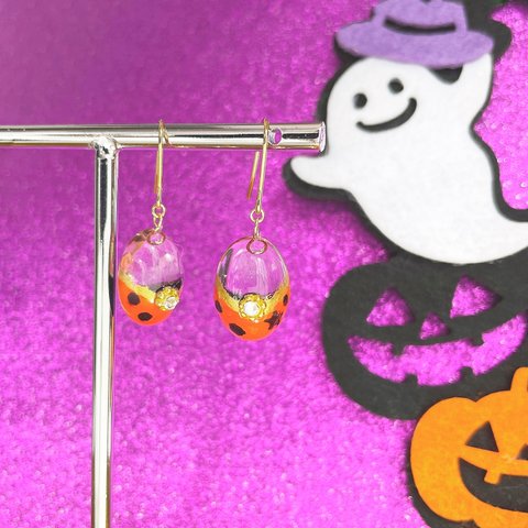 ゆらゆら ハロウィン♪　耳飾り　ジャックランタン（オレンジ）