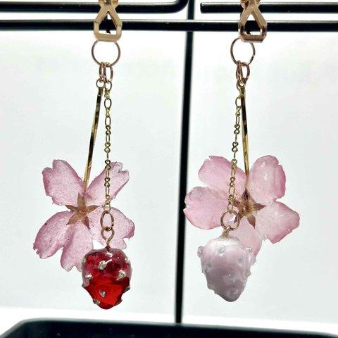 桜　さくら　苺　いちご　ピンク・赤　レジン　イヤリングorピアス両方対応可