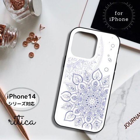 【iPhoneケース】背面強化ガラス 白と青のさわやかなマンダラアート「藍白」