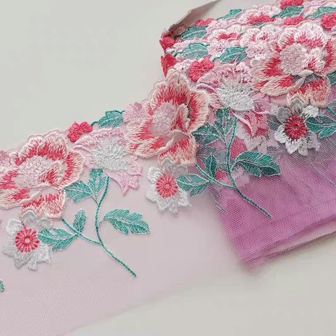 1m 高品質　花柄　刺繍　チュールレース　生地　ハンドメイド　はぎれ　