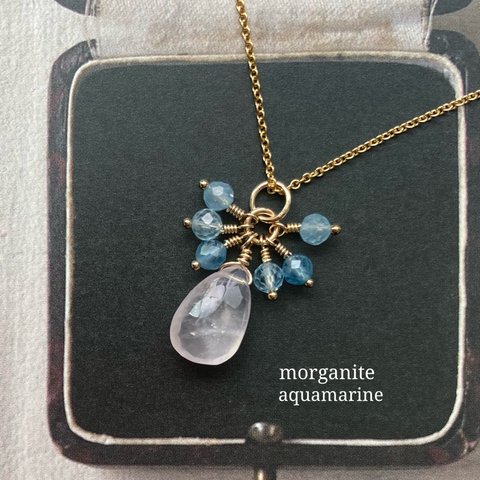 【再販10】4月の誕生石✨希少✨All14kgf✨宝石質モルガナイトとアクアマリンのネックレス　morganite aquamarine 