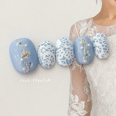 ネイルチップ＊押し花とレースの上品ネイル blue Ⅱ＊つけ爪 結婚式 ブライダル ウェディング 白無垢 成人式 卒業式 シンプル 春 夏 秋 冬 振袖 くすみ 青 シルバー パール ホログラム きら