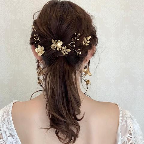 MA42　小枝　バックカチューシャ　ゴールド ビジュー 花ピン リーフヘアアクセサリー 髪飾り ヘッドドレス ヘッドアクセ ウェディング 結婚式　前撮り　フォトウェディング