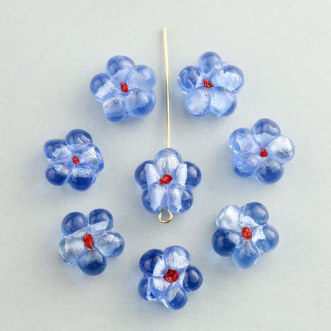 【4つ】ガラスビーズ　フラワー　花　ランプワーク　ブルー　スカイブルー　水色　青
