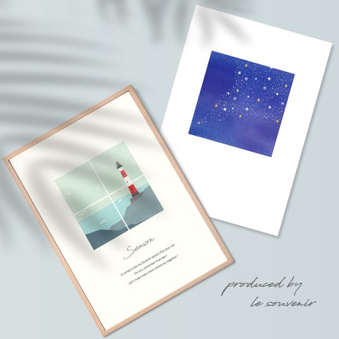 【風景２枚セット】小さな窓からのぞく季節のポスター／夏・灯台・七夕・海・北欧・インテリアポスター