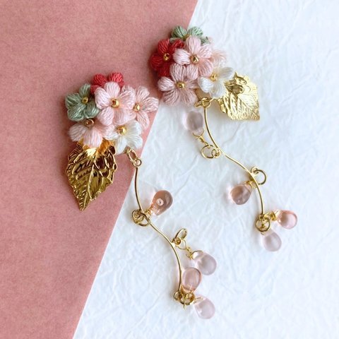 【桜花爛漫】桜　ふんわり刺繍糸のお花　さくらのピアス/イヤリング　母の日