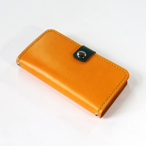 スナップボタン留め牛革レザーケース iPhone,Android 多機種制作 スマホケース 手帳型 オレンジ 橙色