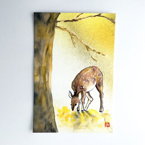 【原画】「子鹿」　動物の絵　インテリア　絵画　アート