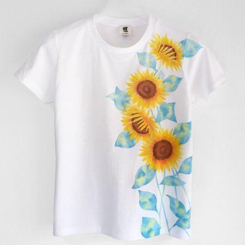 ひまわり柄Tシャツ 手描きで描いた向日葵の花柄Tシャツ 夏