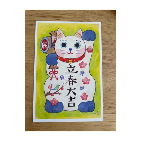 【ポストカード】✨期間限定販売✨立春大吉🌸の招き猫🐱2024年辰年🐯happy絵葉書（同柄2枚セット）