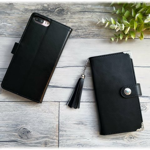 【HUAWEIほぼ全機種対応】コンチョ付き手帳型スマホケース/黒レザーケース/P9 lite/P10 lite/P20 lite/Nova lite 2/Mate 10/Mate 20/Honor 9