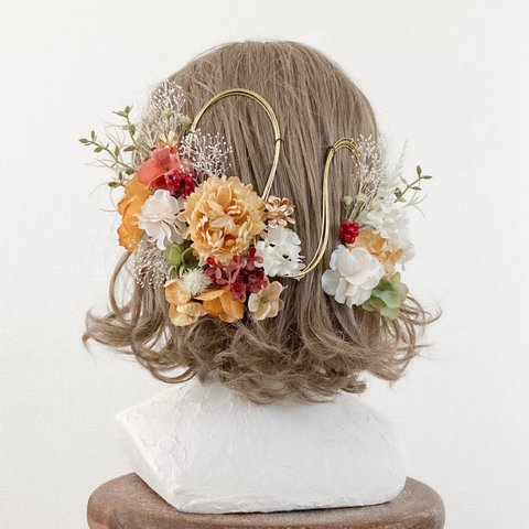 【送料無料】：枯れない花の髪飾り：成人式や卒業式、結婚式などにぴったりのヘッドドレスです。ボブやショートにもおすすめ【金箔シート付き】・造花・ドライフラワー・水引・赤・ゴールド・リボン・振袖・白・