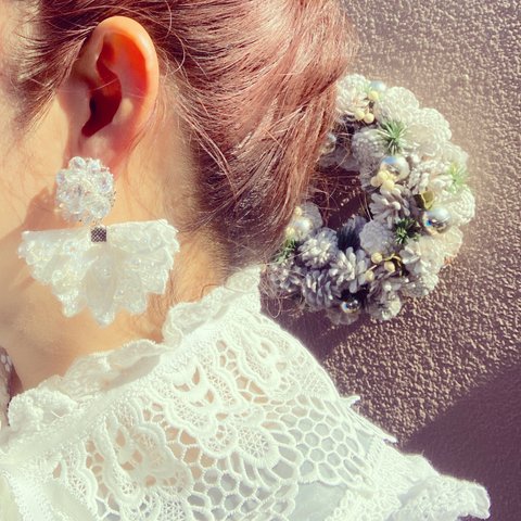 【flower laceイヤリング･゜ﾟ･*】レース　お花　白　ホワイト　ウエディング　ブライダル　　結婚式423