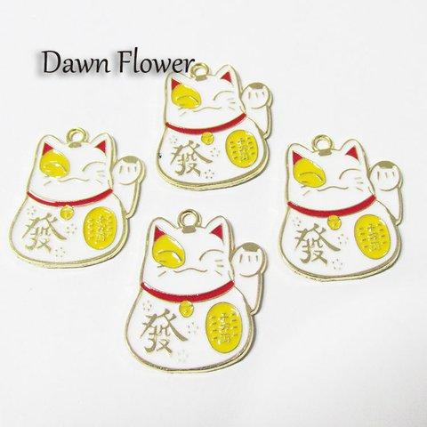 【D-0571】5pcs　まねき猫　小判模様　30×25mm　ホワイト　チャーム