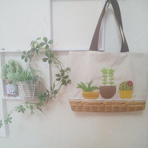 多肉植物 刺繍アップリケバッグ