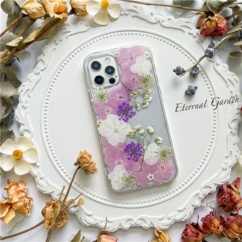 かすみ草 ラベンダー紫陽花手帳型押し花スマホケース iPhone全機種対応 Galaxy S21  Galaxy  S21+ Galaxy  S21 ultra Galaxy note 20 