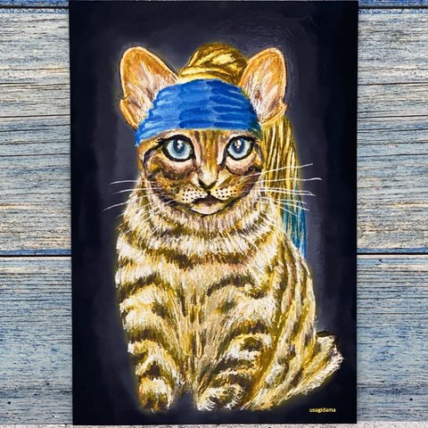 絵画コラボ　フェルメールの真珠の耳飾りの少女になりきる猫ちゃん😸同柄ポストカード3枚セット