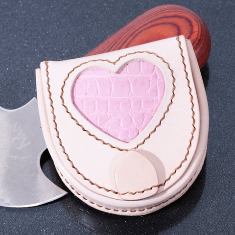オリジナル限定1点極厚ヌメ革/ワニ革半円馬蹄型コインケース手縫いナチュラル変色/ピンクハード実物写真