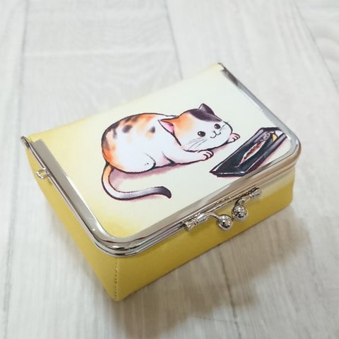 三毛猫＆秋刀魚柄 ボックスがま口 カードケース 猫 ネコ