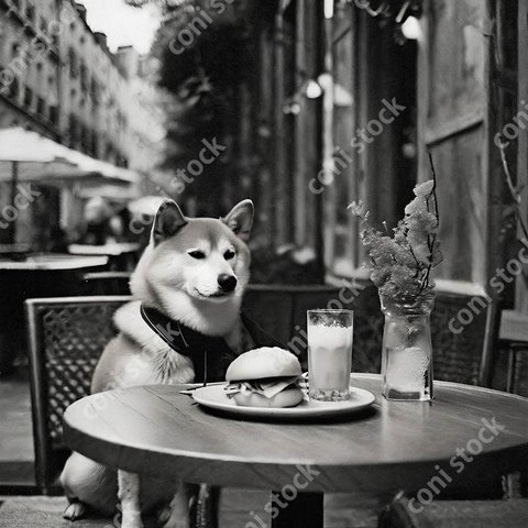 フランスのカフェの椅子に座った柴犬、前にバーガー、レトロ風写真、アート、古い写真　conistock_37212_01