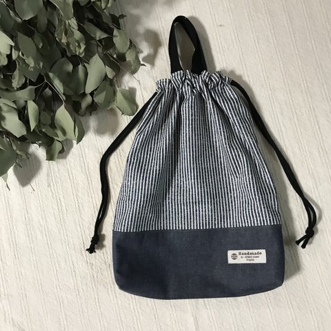 30×38cm 体操着袋  ヒッコリーストライプ×リアルデニム　⭐︎大きめシューズバッグとしても⭐︎