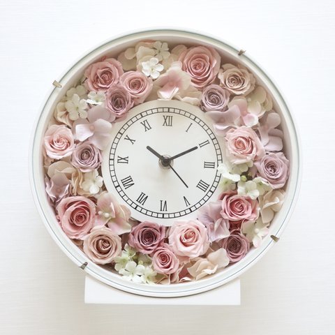 エレガントピンクの花時計(木製)/2way仕様/新築祝い/結婚祝い/ラッピング、手提げ袋、単三電池付き【お届け日時指定可能】