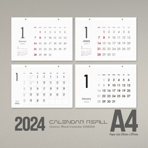 2024 カレンダーリフィル・シンプルデザイン（木製カレンダー交換用-A4-ヨコ）