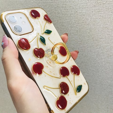 さくらんぼスマホケース スマホリング付き