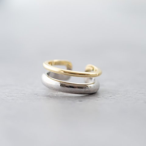 【送料無料】2WAY／バイカラーリング&イヤーカフ"Golden Silver Dual Line Ring"