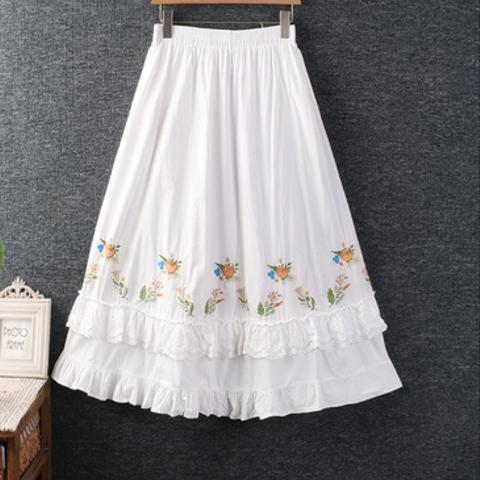 夏服の新しい 刺繍 ロング スカート 綿麻 ハーフ スカート