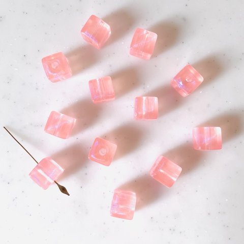 Clear Pink Glitter Square Beads