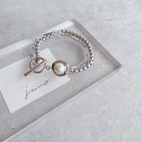 (S)double chain×freshwater Pearl bracelet ブレスレット/パール/サージカルステンレス