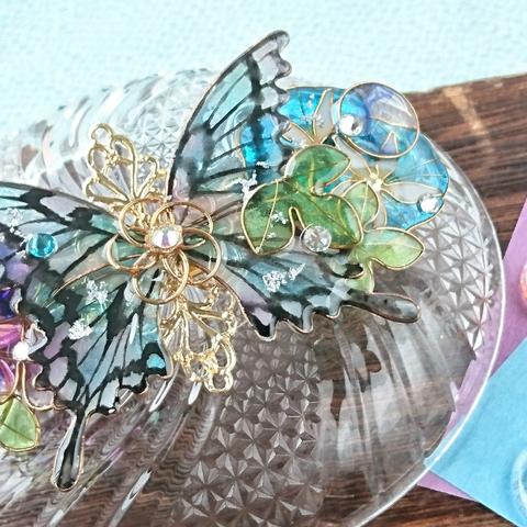 （ブルーカラー）夏祭りと命の蝶バレッタ（（hair ornaments of 【Life of butterfly】 and gold fish）.