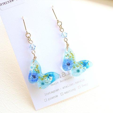 本物のお花の蝶のピアス/イヤリング　レジンアクセサリ―　