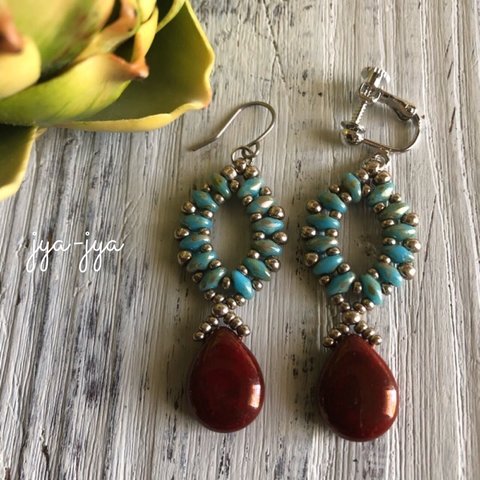 beads earrings ＊ turquoise dark red picasso