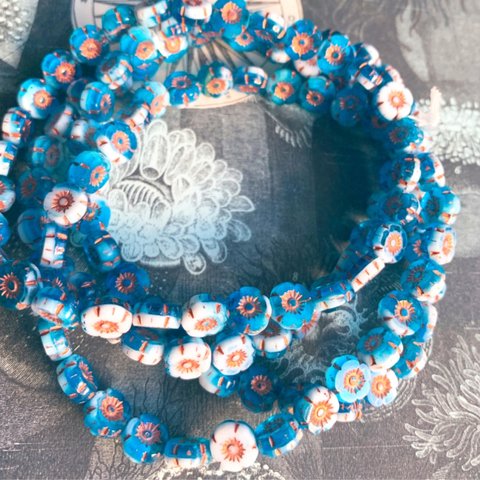 【6コセット】JIRI＊IVANA #czech beads#チェコビーズflower8㎜ marine blue mix/copper