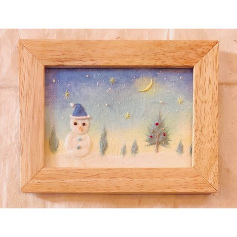 ・額付・和紙ちぎり絵『雪だるまとクリスマスツリー』写真サイズ原画