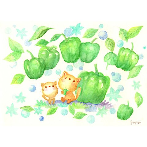 ピーマンとネコの透明水彩イラスト原画　野菜の魅力をお届けする夏のイラスト